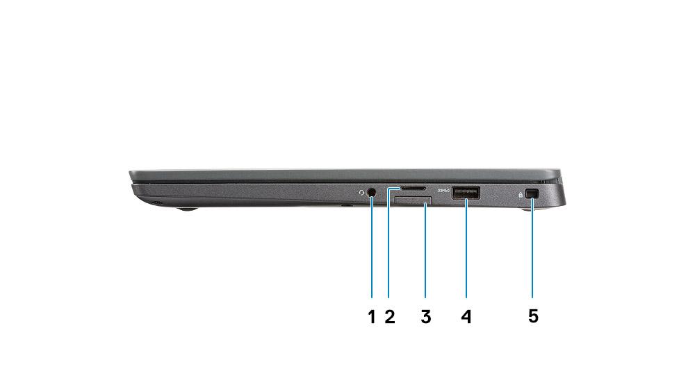 4 Kamera állapotjelző LED-je 5 IR-jeladó 6 Tömbmikrofon 7 Kijelzőpanel 8 Akkumulátor állapotjelző LED-je Bal oldali nézet 1 Tápadapter port 2 USB Type-C 3.1 Gen 2 port (Thunderbolt) 3 HDMI 1.