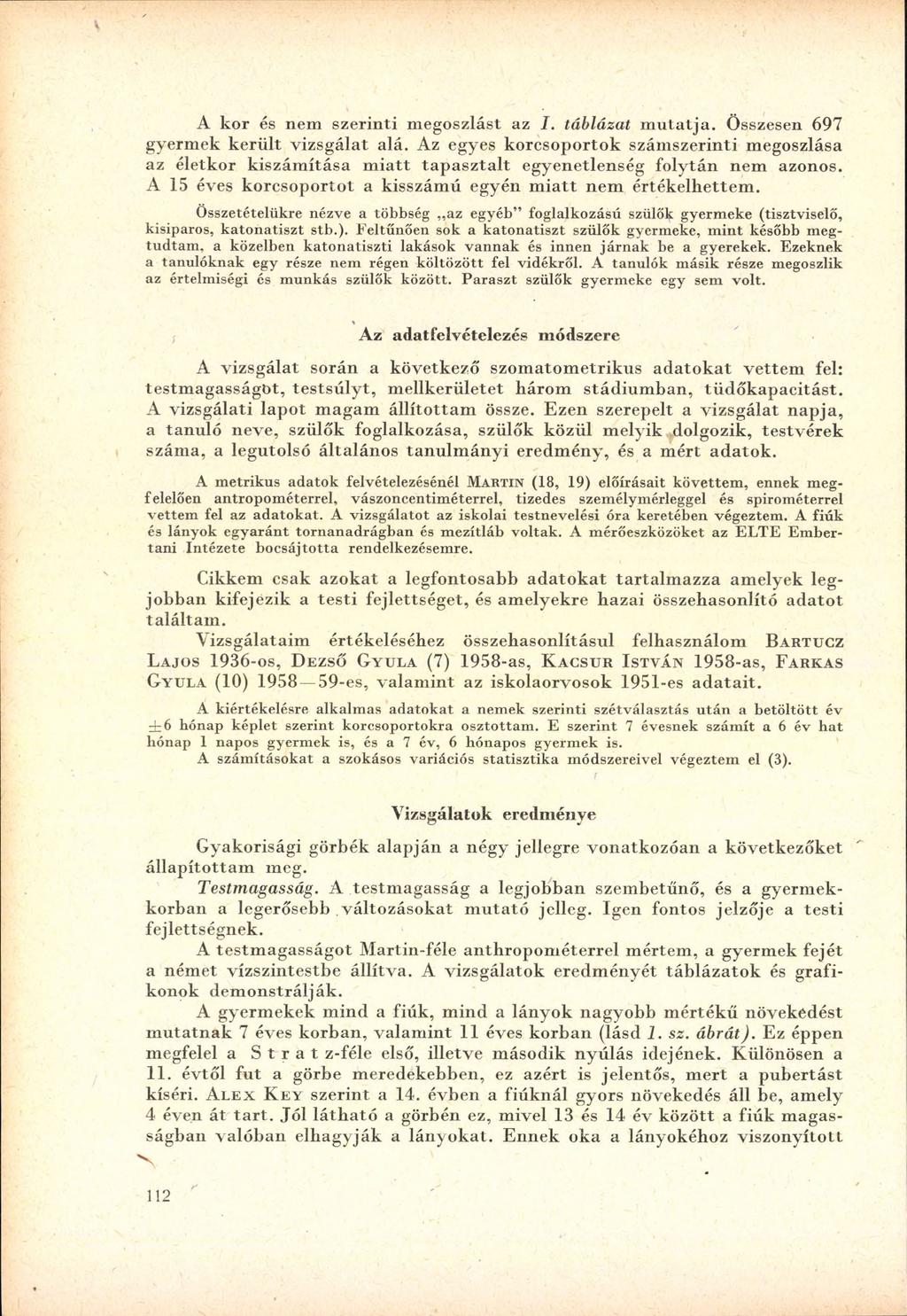 V A k o r és nem szerin ti m egoszlást az I. táblázat m u ta tja. Összesen 697 gyerm ek k e rü lt v izsg álat alá.