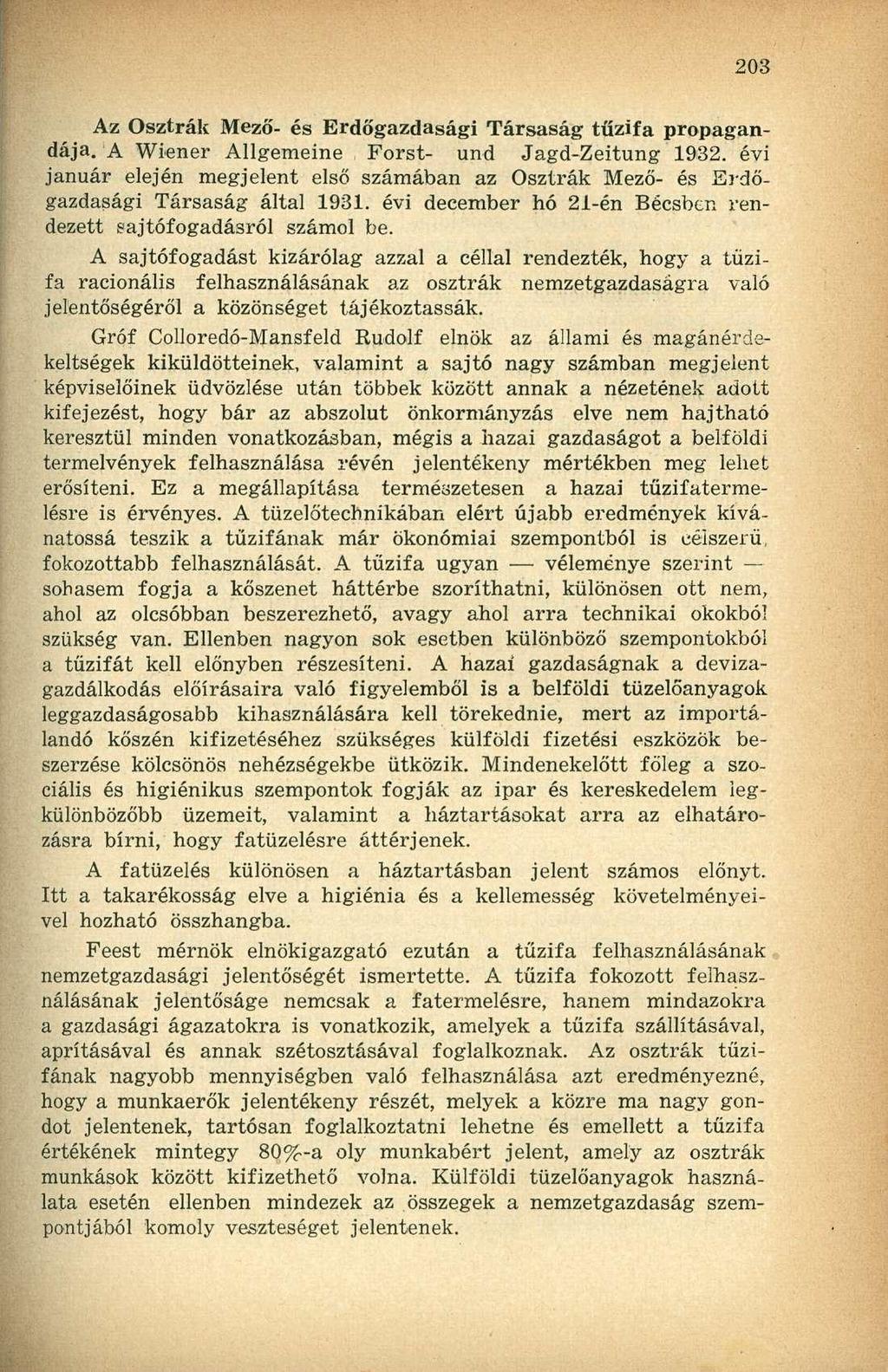 Az Osztrák Mező- és Erdőgazdasági Társaság tűzifa propagandája. A Wiener Allgemeine Forst- und Jagd-Zeitung 1932.