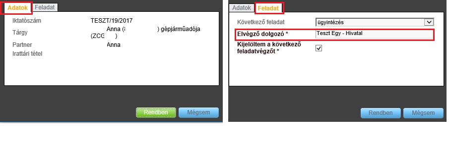 A "Feladatok" fülön kiválaszthatjuk, hogy mely ügyintézőnek adjuk vissza ügyintézésre a kijelölt ügyiratot: Az