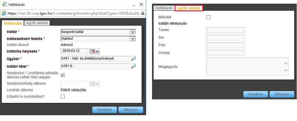 Az "egyéb adatok" fülön az irattárazással kapcsolatos,