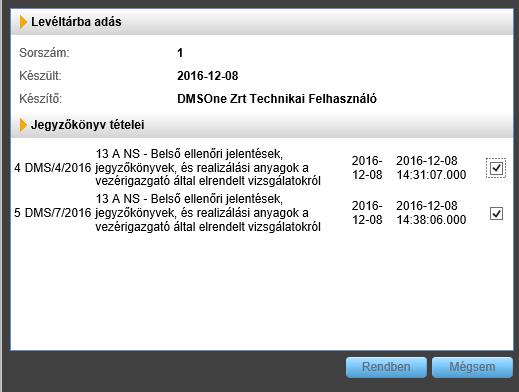 Ha duplán kattintunk a találati lista egy elemére, akkor egy felugró ablakban megtekinthetjük az adott levéltárba adási jegyzőkönyv tételeit, továbbá véglegesen levéltárba
