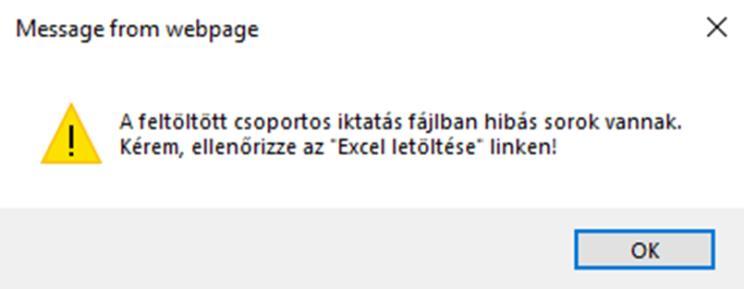 Csoportos iktatás eredményeként előálló Excel fájlban minden sor első