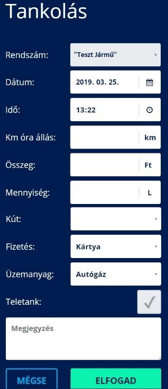 6.2 Tankolás Lehetőségünk van megadni tankolási adatainkat az