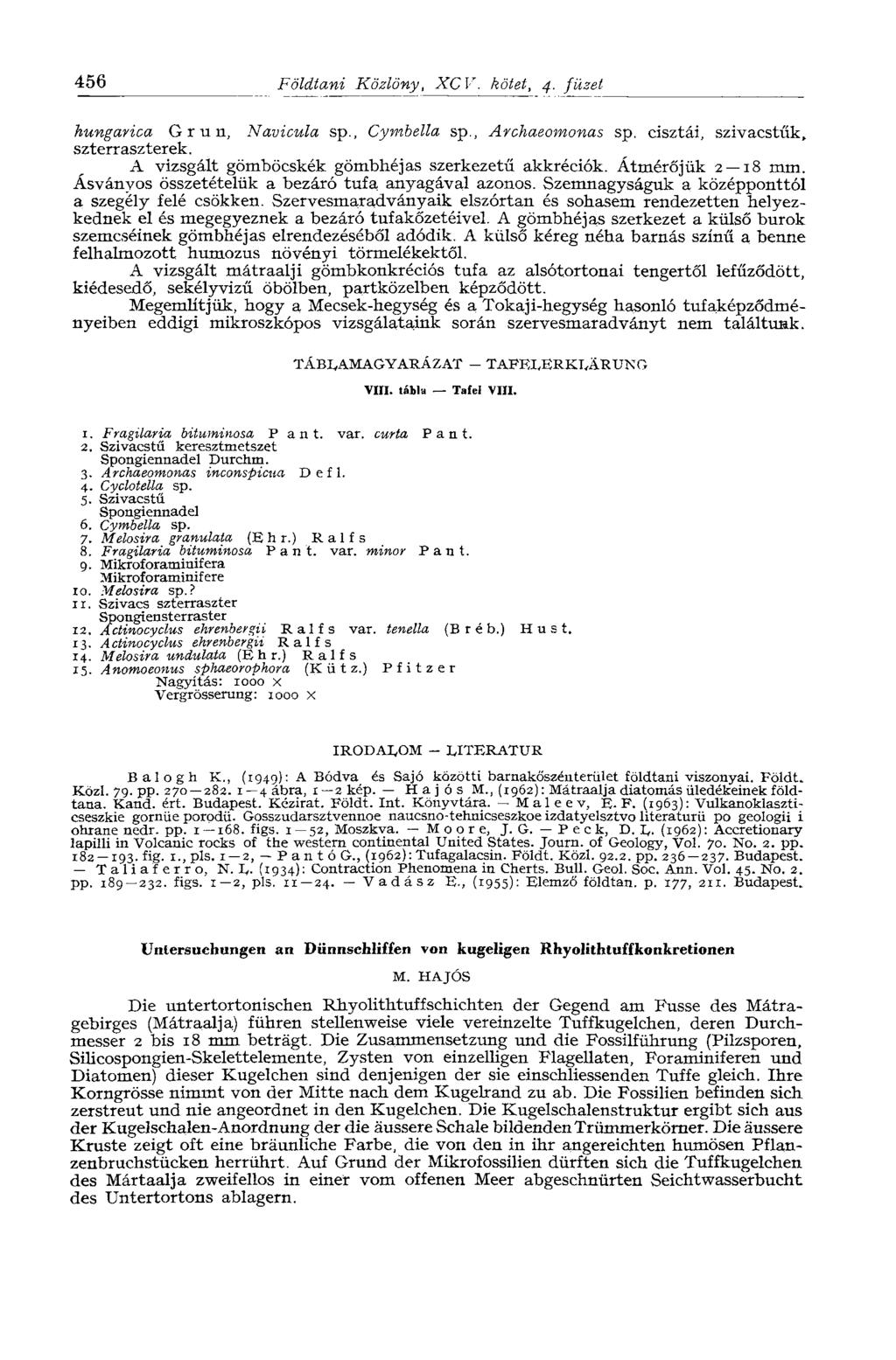 456 Földtani Közlöny, XCV. kötet, 4. füzet hungarica G r u n, Navicula sp., Cymbella sp., Archaeomonas sp. cisztái, szivacstűk, szterraszterek. A vizsgált gömböcskék gömbhéjas szerkezetű akkréciók.