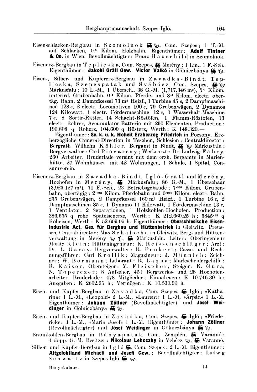 Berghauptmannschaft Szepes-Igló. 104 Eisenschlacken-Bergbau in Szomolnok SS Com. Szepes; I T.-M. auf Schlacken, 0. 3 Kilom. Holzbahn. Eigenthiimer: Adolf Tintner 6 Co. in Wien.