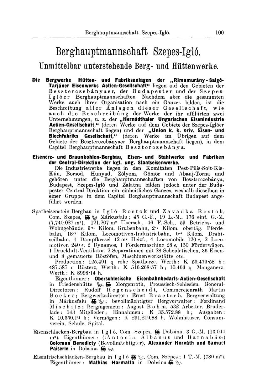 Berghauptmannschaft Szepes-Igló. 100 Berghauptmannschaft Szepes-Igló. Unmittelbar unterstehende Berg- und Hüttenwerke.