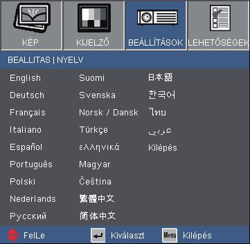 Felhasználói kezelőszervek BEALLITAS NYELV Nyelv A tobbnyelvű OSD menu kivalasztasa. Használja a.vagy..gombot.