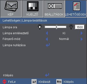 Felhasználói kezelőszervek Lehetőségek Lámpa-beállítások Lámpa ora Megjeleníti a kivetítés eltelt idejét.