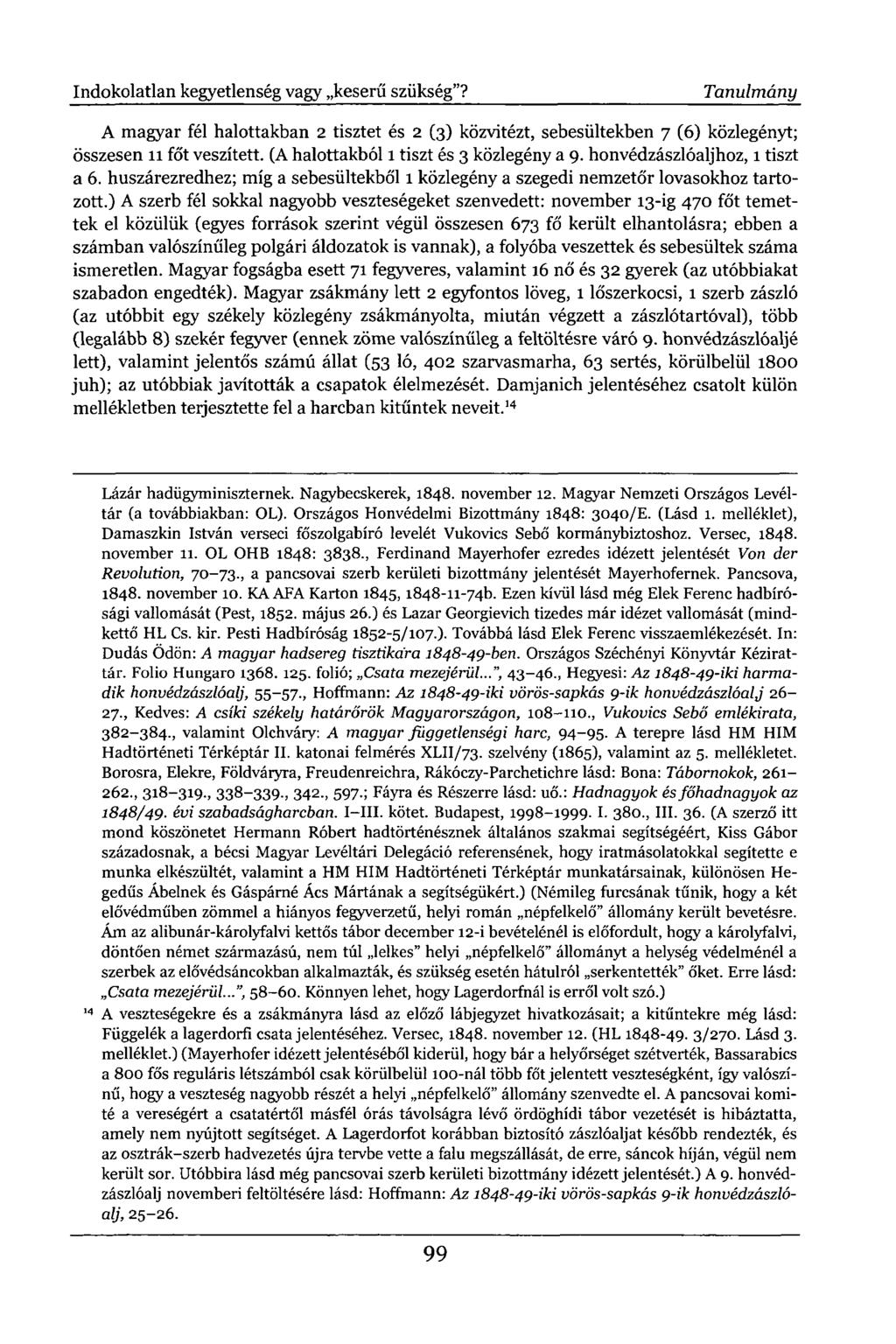 A magyar fél halottakban 2 tisztet és 2 (3) közvitézt, sebesültekben 7 (6) közlegényt; összesen 11 főt veszített. (A halottakból 1 tiszt és 3 közlegény a 9. honvédzászlóaljhoz, 1 tiszt a 6.