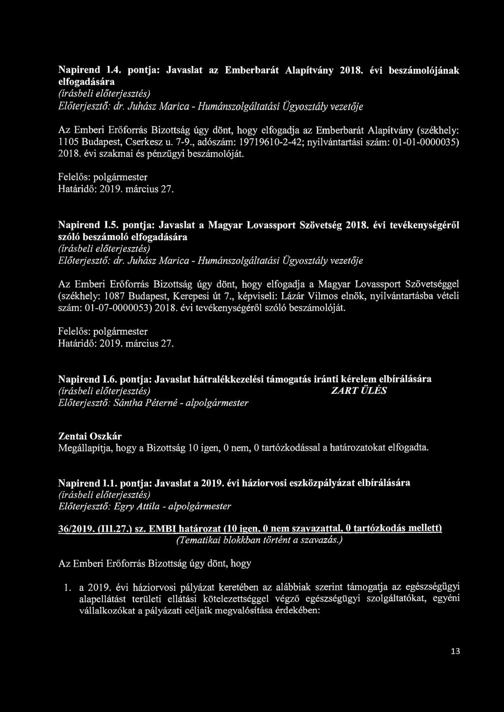Napirend 1.4. pontja: Javaslat az Emberbarát Alapítvány 2018. évi beszámolójának elfogadására Előterjesztő: dr.