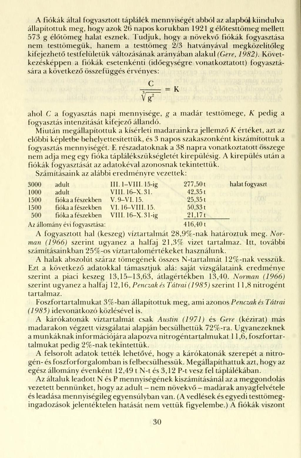 A fiókák által fogyasztott táplálék mennyiségét abból az alapból kiindulva állapítottuk meg, hogy azok 26 napos korukban 1921 g élőtesttömeg mellett 573 g élőtömeg halat esznek.