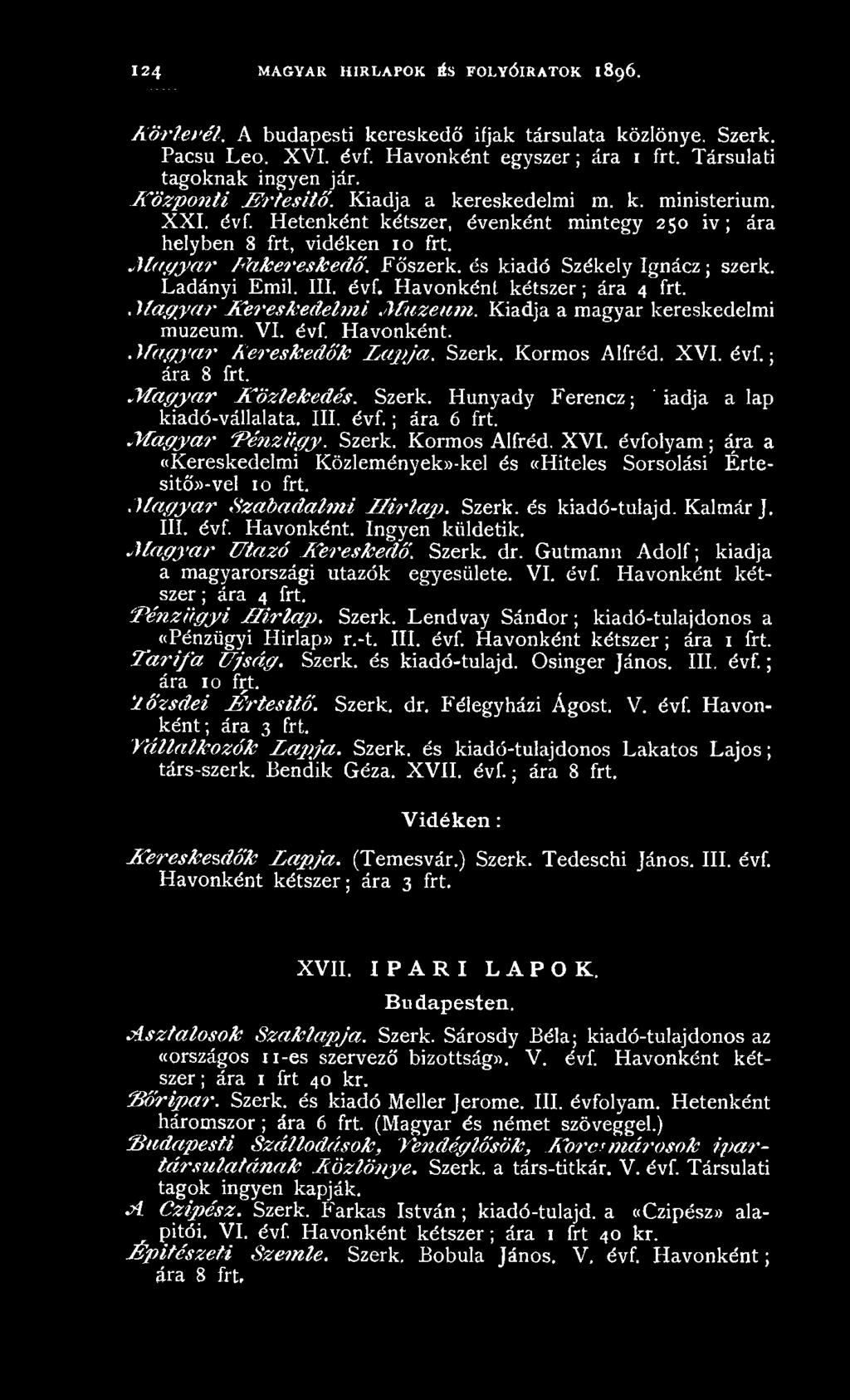 és kiadó Székely Ignácz; szerk. Ladányi Emil. III. évf. Havonként kétszer; ára 4 frt.. Magyar Kereskedelmi Muzeum. Kiadja a magyar kereskedelmi muzeum. VI. évf. Havonként. M agyar Kereskedők Z apja.