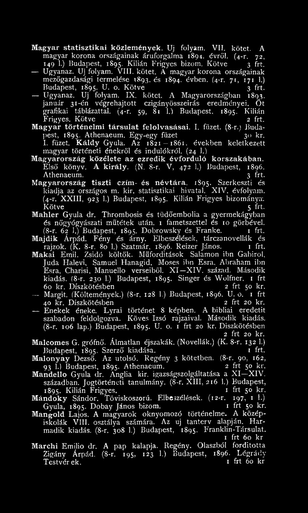 ) M agyarország közélete az ezredik évforduló korszakában. Első könyv. A király. (N. 8-r, V, 472 1.) Budapest, 1896. Athenaeum. 3 frt. M agyarország tiszti czím- és névtára. 1S95.