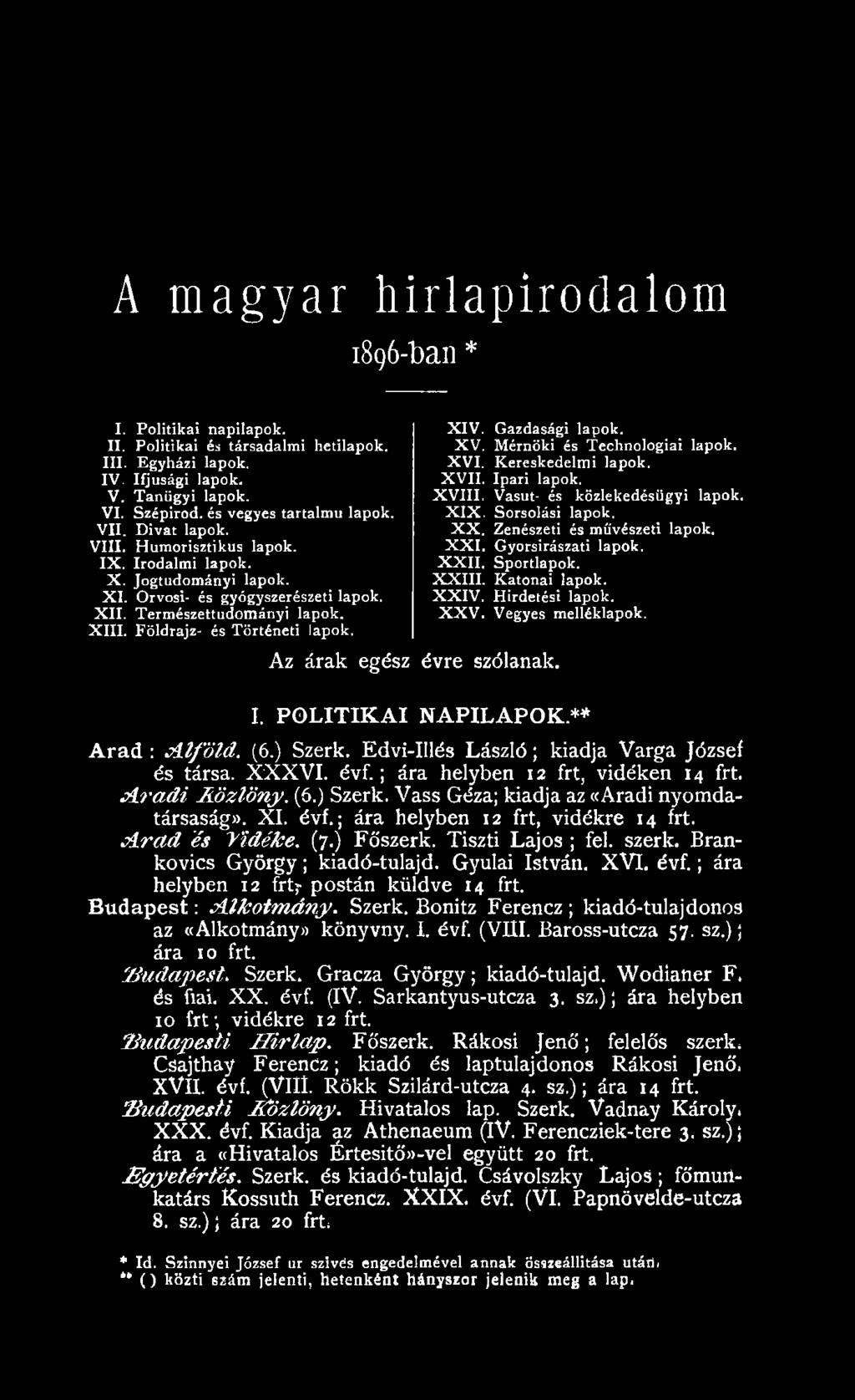 ** A rad : A lfö ld. (6.) Szerk. Edvi-IIlés László; kiadja Varga József és társa. XXXVI. évf.; ára helyben 12 frt, vidéken 14 frt. A r a d i A ö z lö n y. (6.) Szerk. Vass Géza; kiadja az «Aradi nyomdatársaság)).