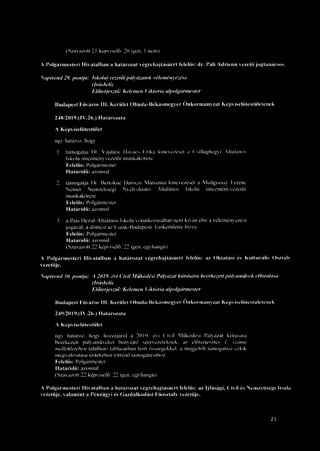 ) Határozata A képviselőtestület úgy határoz, hogy 1. támogatja Dr. Vajdáné llavaes l.rika kinevezését a Csillaghegy i Általános Iskola intézmény vezetői munkakörére. Felelős: Pol gármester 2.