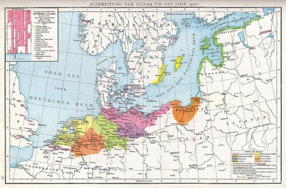Közlekedés a kapitalizmus kezdetén Hanza városok (Wismar, Rostock, Stettin, Riga, Hamburg ). A folyami és a tengeri hajózás kapcsolatát biztosítják.