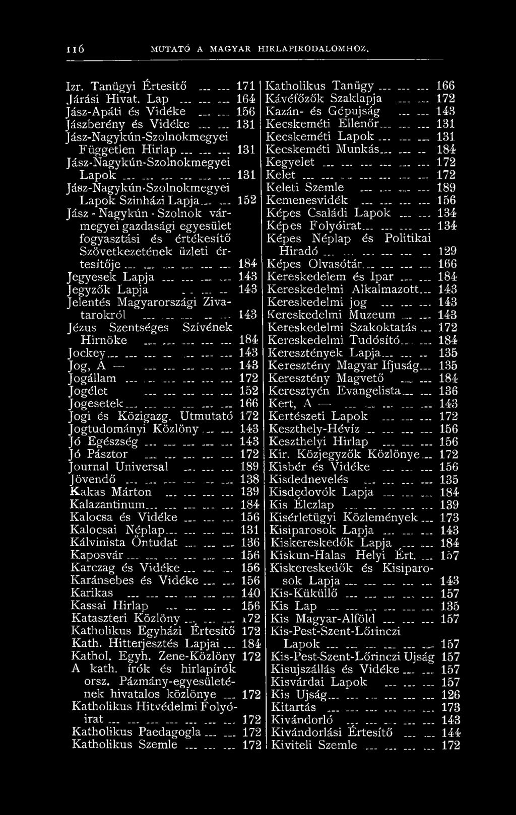 ..... 152 Jász - Nagykún - Szolnok vármegyei gazdasági egyesület fogyasztási és értékesítő Szövetkezetének üzleti értesítője _............ 184 Jegyesek Lapja......... 143 Jegyzők Lapja.