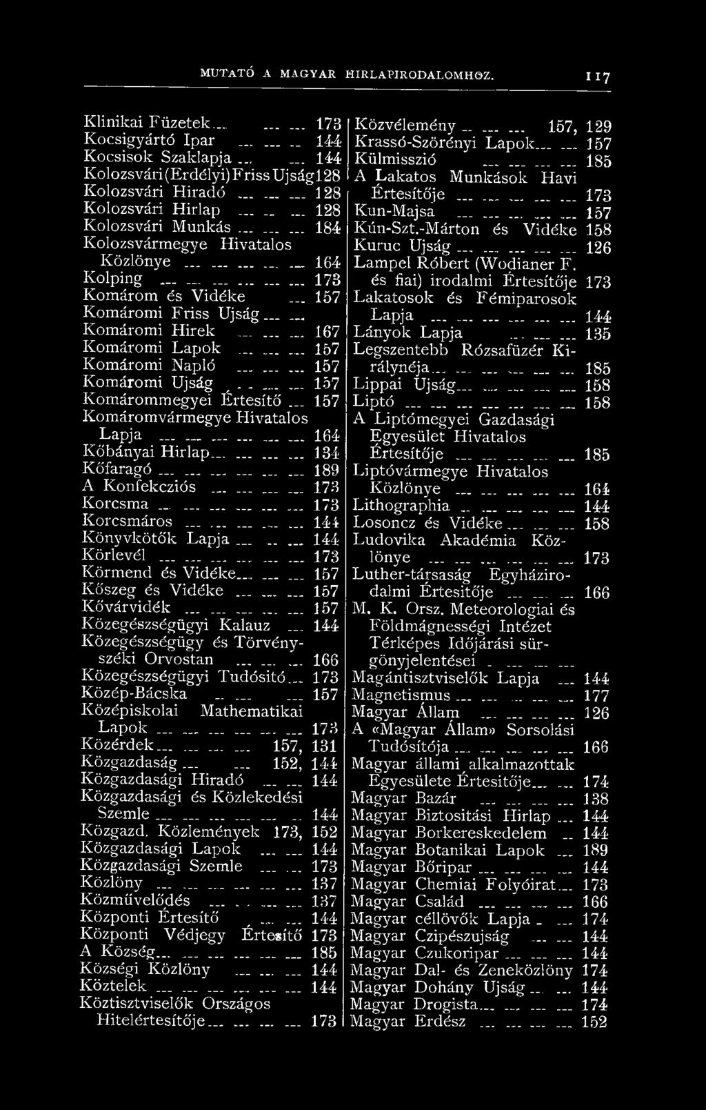 ........ 167 Komáromi Lapok......... 157 Komáromi Napló......... 157 Komáromi Újság _... 157 Komárommegyei Értesítő... 157 Jíomáromvármegye Hivatalos Lapja 164 Kőbányai H írlap... 134 Kőfaragó.