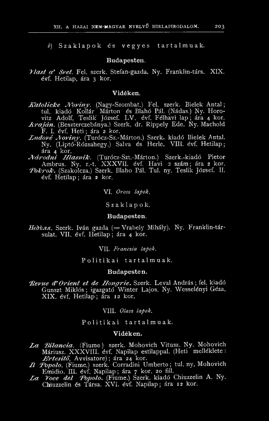 P o k r o k. (Szakolcza.) Szerk. Blaho Pál. Túl. ny. Teslik József. II. évf. Hetilap ; ára 2 kor. VI. Orosz lapok. Szaklapok. B u d a p e s t e n. S é d ijin. Szerk. Iván gazda ( = Vrabely Mihály).