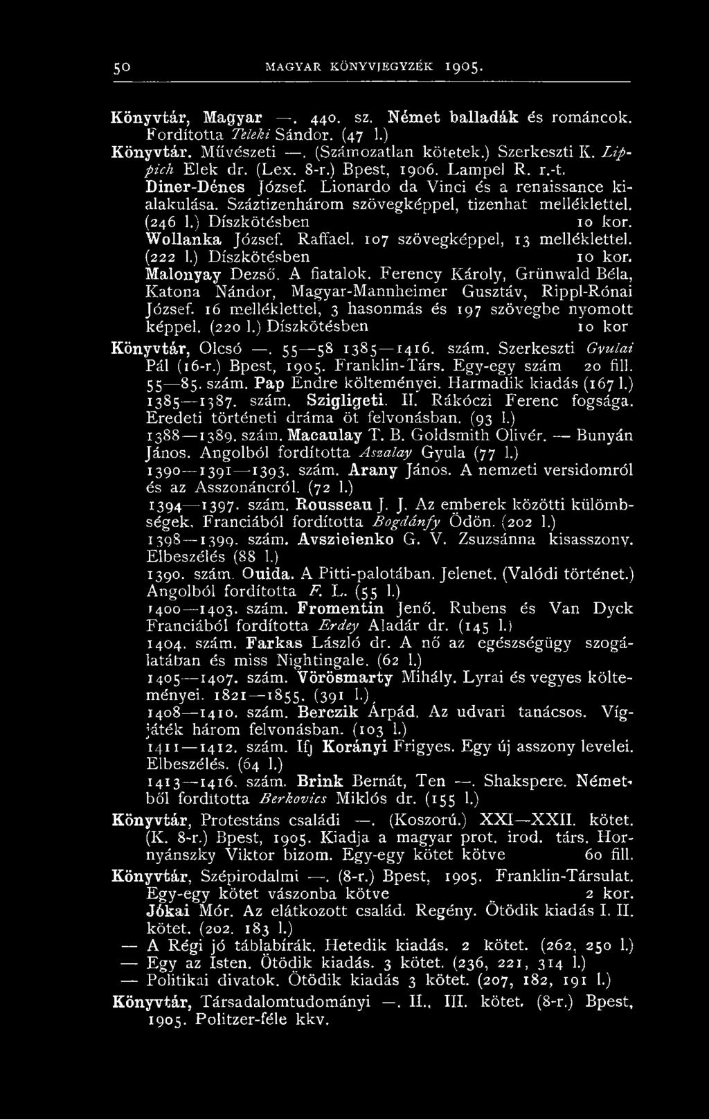 ) Díszkötésben 10 kor. Wollanlca József. Raffael. 107 szövegképpel, 13 melléklettel. (222 1.) Díszkötésben 10 kor. Malonyay Dezső. A fiatalok.