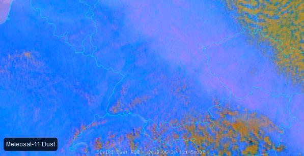 8) 30 June 2018 09:25 UTC Derült területen Kevesebb piros árnyalat - nedvesebb alsó troposzféra Több piros árnyalat - szárazabb alsó troposzféra https://www.eumetsat.