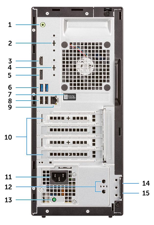 Hátulnézet 1 Vonalkimeneti csatlakozóaljzat 2 Soros port (opcionális) 3 HDMI-Port 4 DP/HDMI2.0b/VGA port (opcionális) 5 DisplayPort 6 USB 3.1 Gen 1 ports (2) 7 Szervizcímke 8 USB 2.