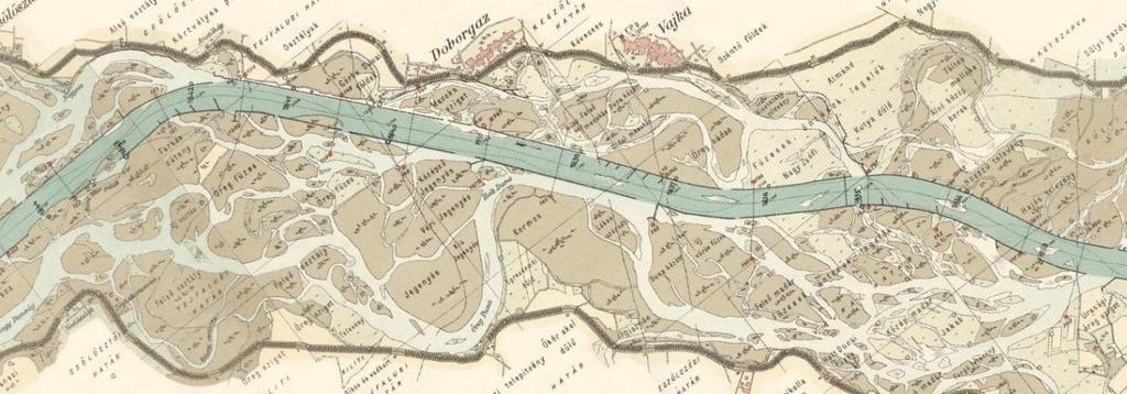 a kisvizi főmeder sarkantyúkkal történő szűkítésével a víz erejének növelése az érkező görgetett hordalék továbbszállítása céljából. 3. ábra Szabályozott Duna-szakasz a 1900-as évek elején Az I.
