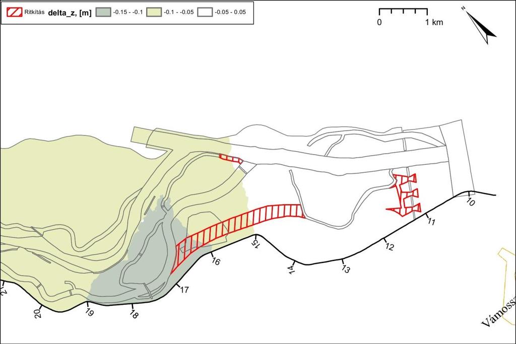 75. ábra: A hullámtér-ritkítás (piros sraffozás) modellezett hatása a tetőző vízszintekre a Bagomériágrendszerben és a medvei híd környékén A tervezett lokális kotrásoknak kizárólag Dunakiliti fölött