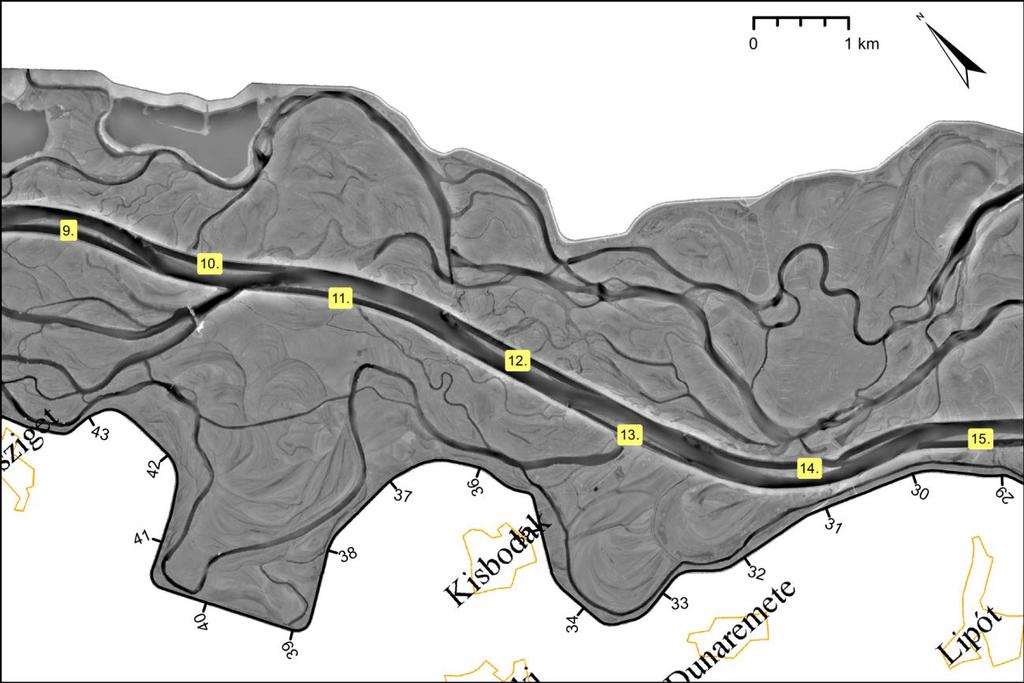 83. ábra: Az Öreg-Duna zátonyai tervezett elbontásának leképezése a DTM-ben, Rajka térségében.