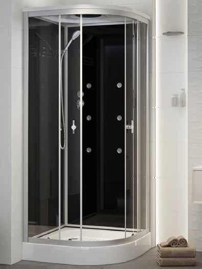 8021-1 Black 90x90x222 cm 5 mm vastag, víztiszta biztonsági üvegek és ajtók, fekete színű üveg hátfalak.  Kézi zuhany. Felső esőztető zuhany. Felhajtható ülőke.