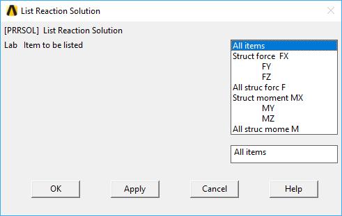 A későbbiekben vizsgálni fogjuk, hogy különböző elemszámok esetén hogyan változik ez az érték. Reakciók listázása: Utility Menu -> List -> Results -> Reaction Solution.