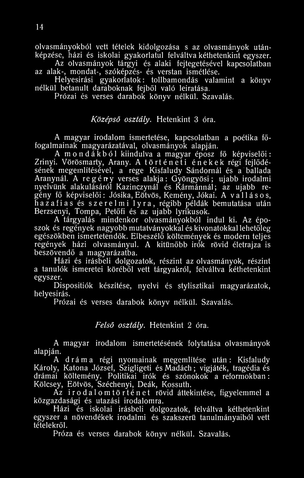4 olvasmányokból vett tételek kidolgozása s az olvasmányok utánképzése, házi és iskolai gyakorlatul felváltva kéthetenkint egyszer.
