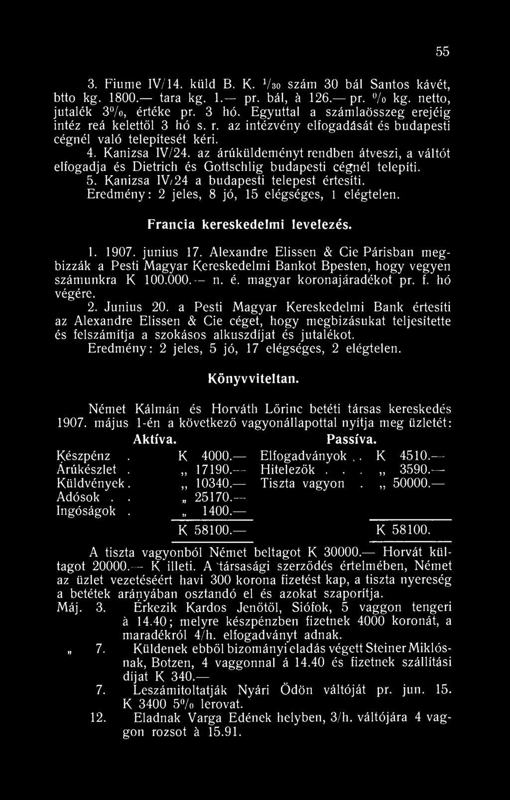 55 3. Fiume IV/4. küld B. K. Vbo szám 30 bál Santos kávét, btto kg. 800. tara kg.. pr. bál, á 26. pr. /o kg. nettó, jutalék 3%>, értéke pr. 3 hó.