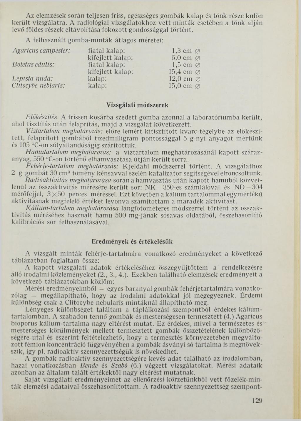 Az elemzések során teljesen friss, egészséges gombák kalap és tönk része külön került vizsgálatra.
