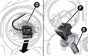 a csatlakozóból F vegyük ki és cseréljük ki az izzót E; szereljük be az új izzót a csatlakozóba, és győződjünk meg a megfelelő rögzüléséről;