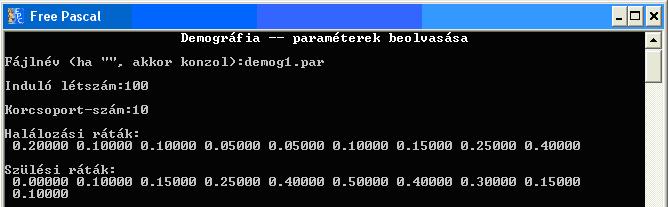 Fájlból történő indításkor a beolvasott paramétereket ellenőrzési célból kilistázzuk. 2. ábra. Egy futási kép Indítás egy paraméterfájl megadásával (demog1.par).