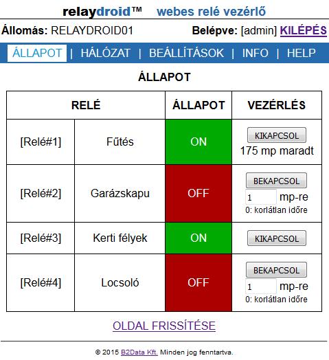 4-3 ábra: Állapot oldal a) Ha pozitív időlimitet ad meg, akkor a megadott másodpercek letelte után a kimenet automatikusan OFF állapotba fog kapcsolni.