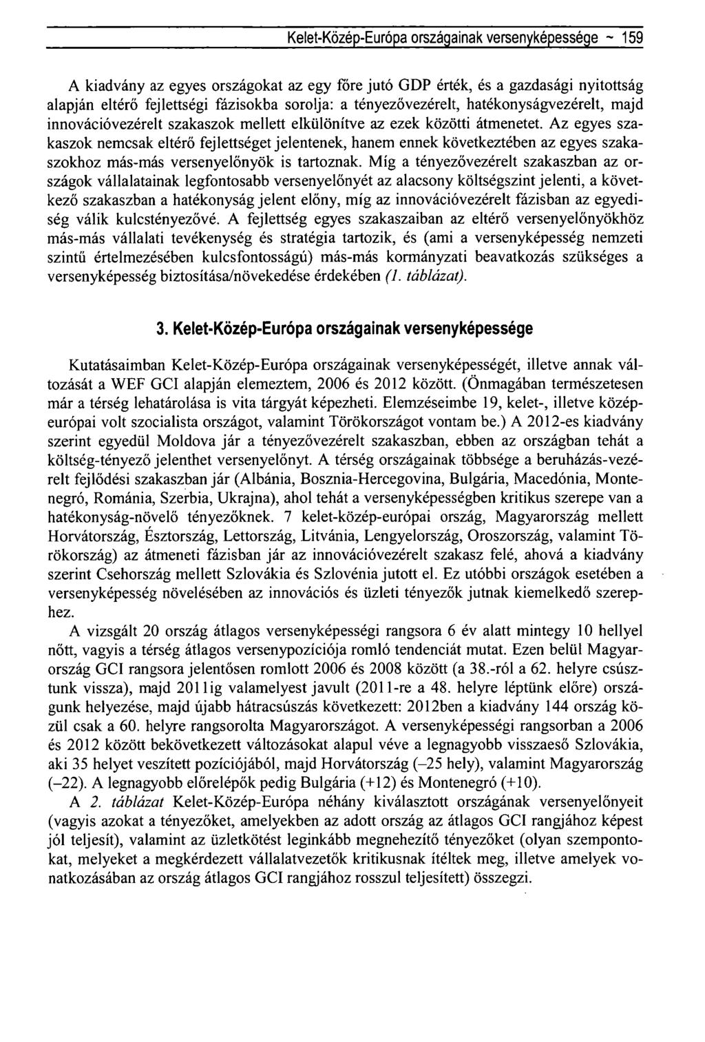 Kelet-Közép-Európa országainak versenyképessége ~ 159 A kiadvány az egyes országokat az egy före jutó GDP érték, és a gazdasági nyitottság alapján eltérő fejlettségi fázisokba sorolja: a