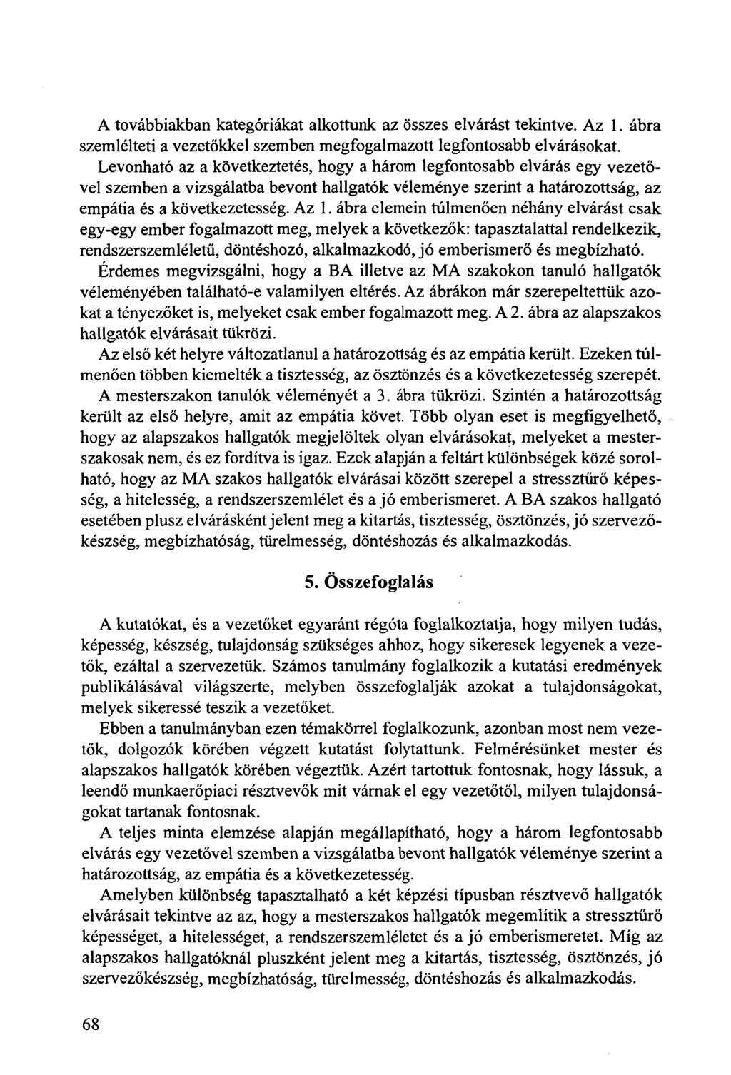 A továbbiakban kategóriákat alkottunk az összes elvárást tekintve. Az 1. ábra szemlélteti a vezetőkkel szemben megfogalmazott legfontosabb elvárásokat.
