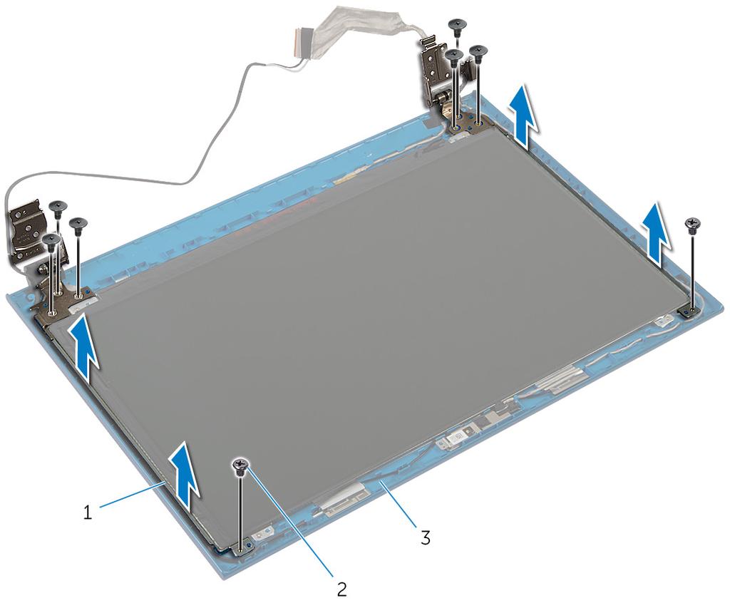 Művelet 1 Távolítsa el a csavarokat, amelyek a kijelző csuklópántokat a kijelző hátlapra rögzítik.