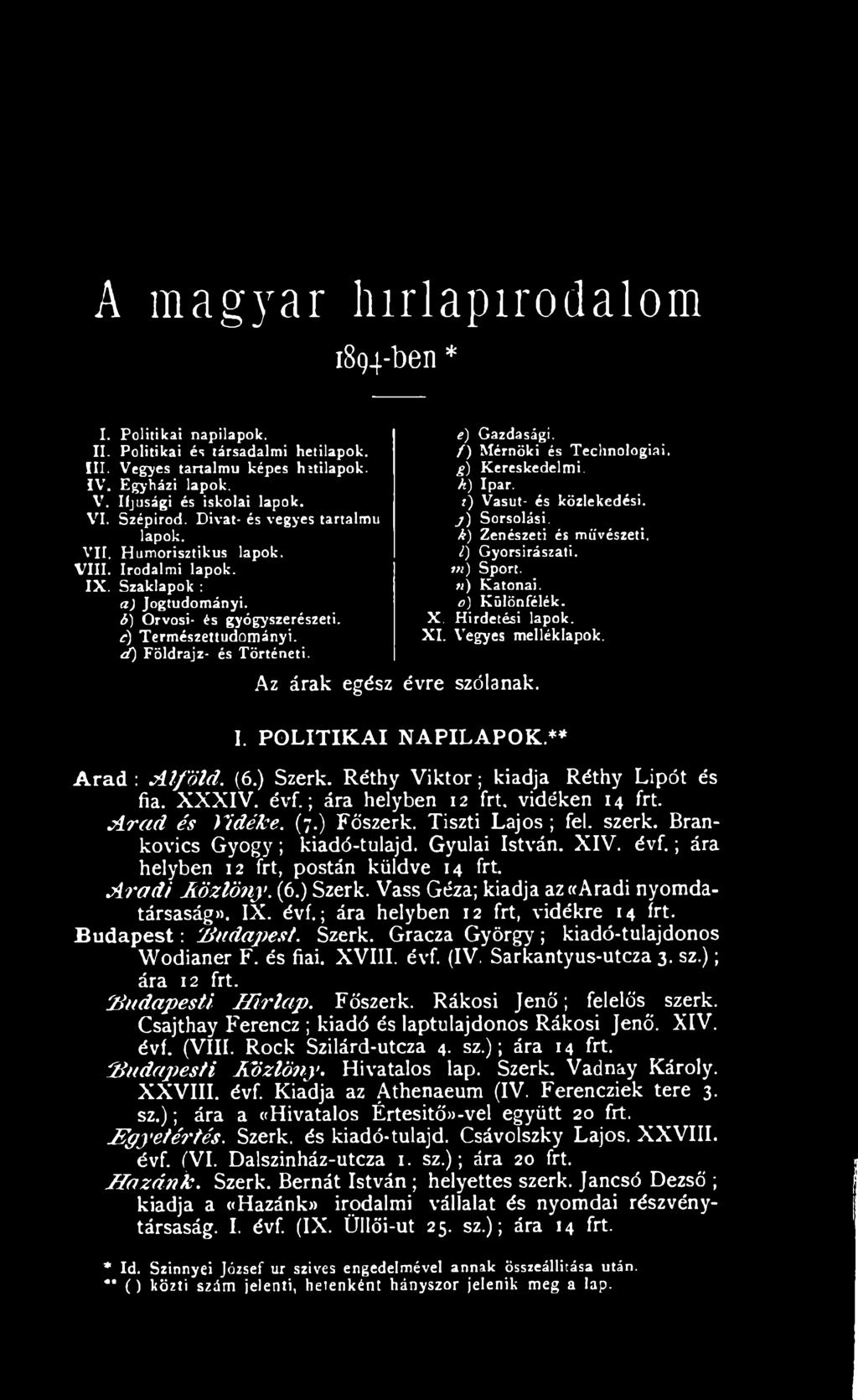 ; ára helyben 12 frt, vidéken 14 frt. A r a d és ) íd ék e. (7.) Főszerk. Tiszti Lajos ; fel. szerk. Brankovics G yógy; kiadó-tulajd. Gyulai István. XIV. évf.