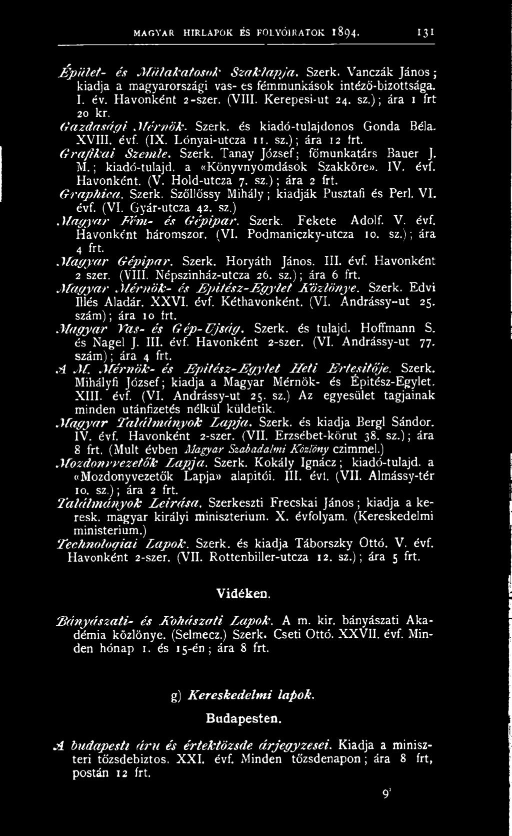 M a g ya r.m érnök- és É p ítész-e g y let K özlön y e. Szerk. Edvi Illés Aladár. XXVI. évf. Kéthavonként. (VI. Andrássy-ut 25. szám); ára 10 frt. M agyar Tas- és G ép -Ú jsá g. Szerk. és tulajd.