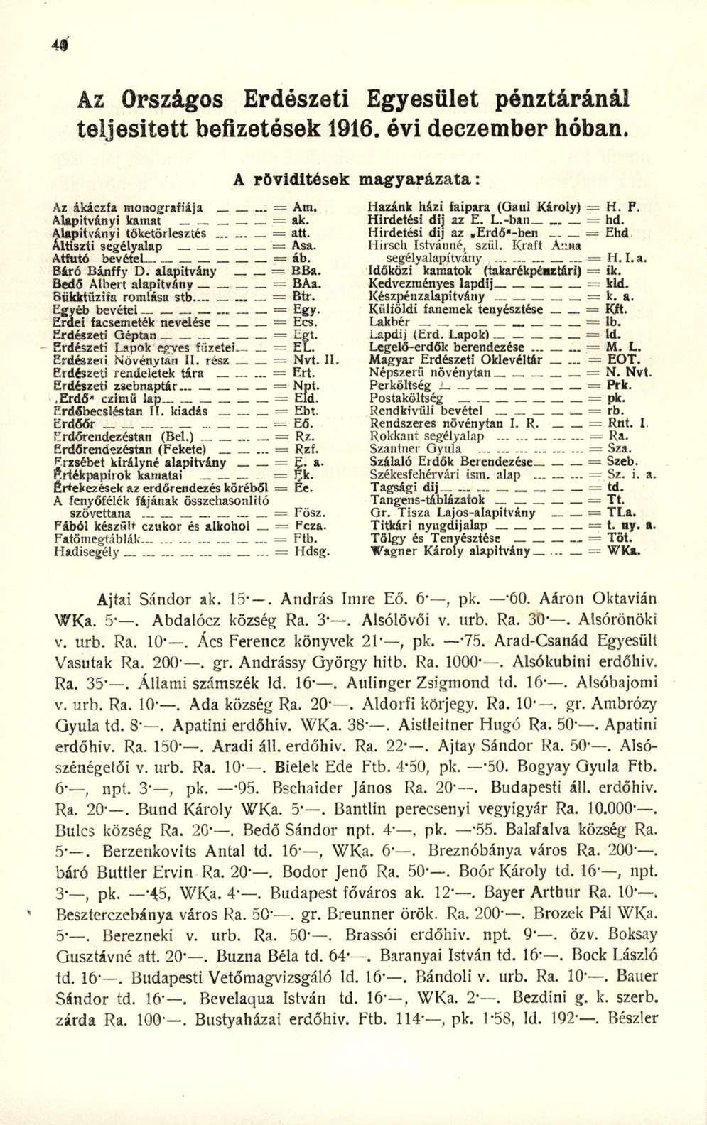 Az Országos Erdészeti Egyesület pénztáránál teljesített befizetések 1916. évi deczember hóban. A rövidítések Az ákáczfa monográfiája = Am. Alapítványi kamat = ak. Alapítványi tőketörlesztés _ = att.