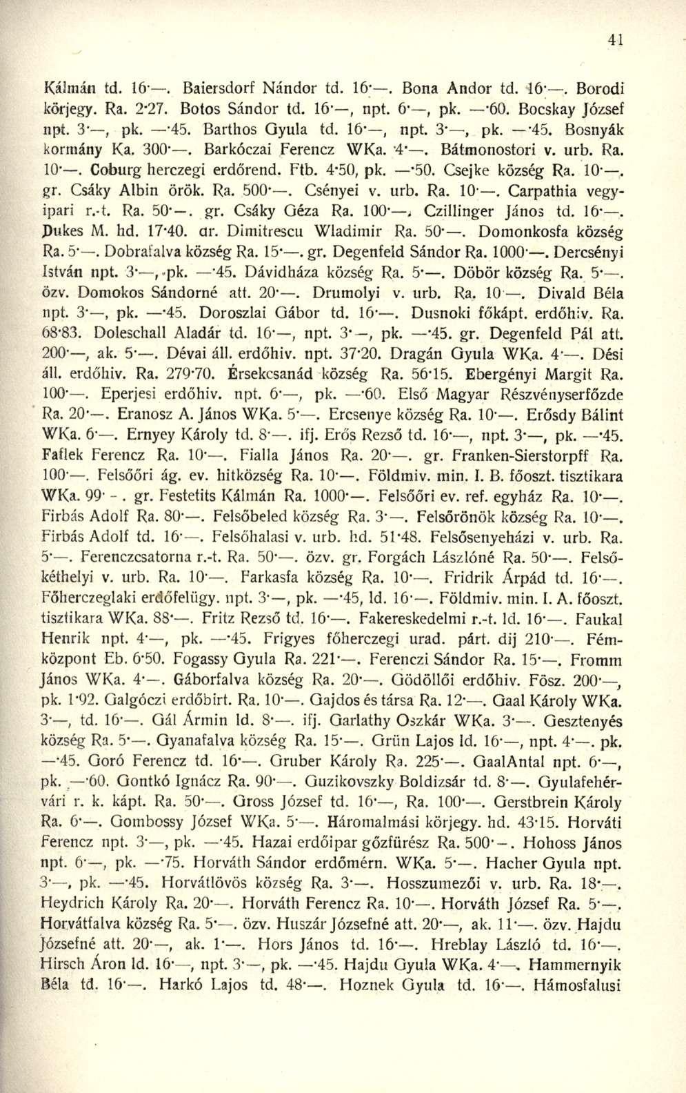 Kálmán td. 16. Baiersdor f Nándo r td. 16-. Bon a Ando r td. 16'. Borod i körjegy. Ra. 2-27. Boto s Sándo r td. 16", npt. 6 -, pk. -60. Bocska y Józse f npt. 3 -, pk. -45. Bartho s Gyul a td.