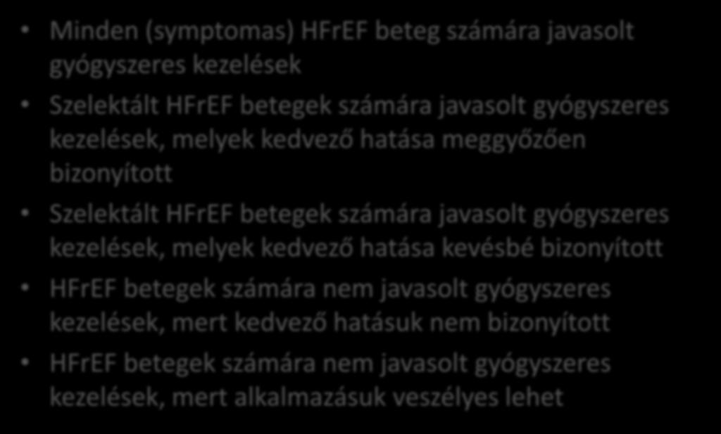 A HFrEF BETEGEK GYÓGYSZERES KEZELÉSE Minden (symptomas) HFrEF beteg számára javasolt gyógyszeres kezelések Szelektált HFrEF betegek számára javasolt gyógyszeres kezelések, melyek kedvező hatása