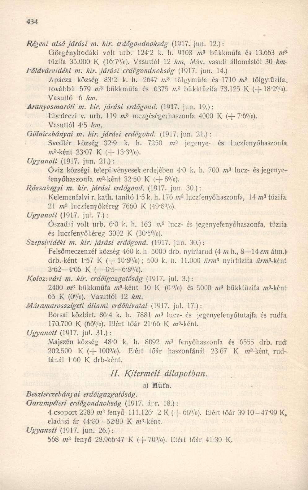 Régeni akó járási m. kir. erdőgondnokság (1917. jiin. 12.): Görgényhodáki volt urb. 124-2 k. h. 9108 m 3 bükkműfa és 13.663 m* tűzifa 35.000 K (16-7 /o). Vasúttól 12 km, Máv.