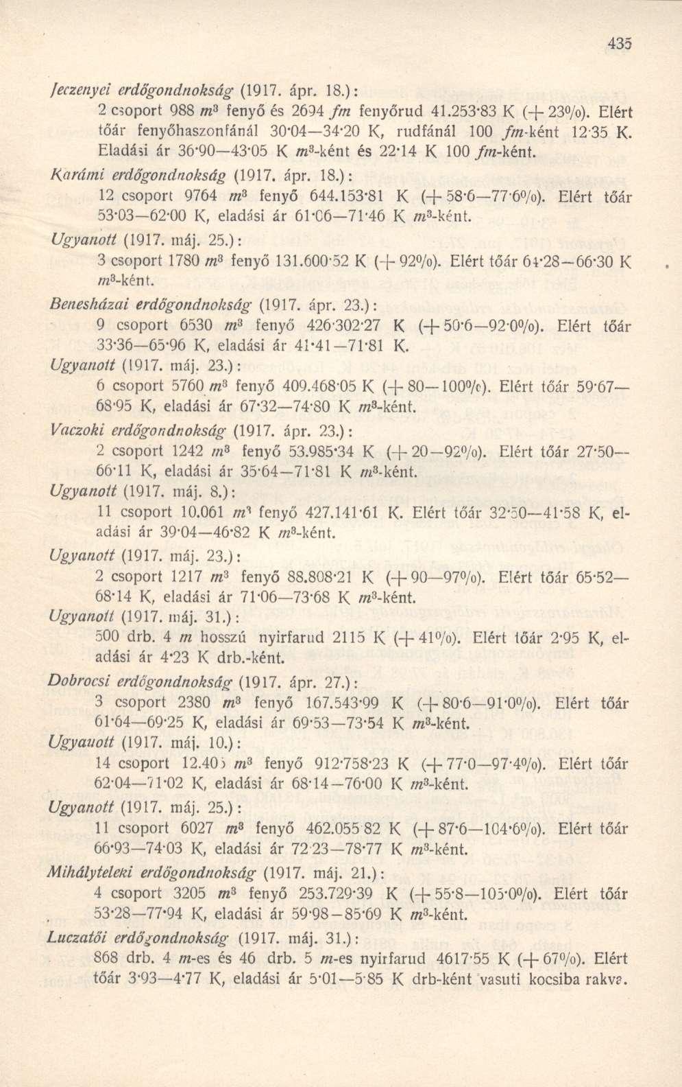 Jeczenyei erdőgondnokság (1917. ápr. 18.): 2 csoport 988 m 3 fenyő és 2694 fm fenyőrud 41.253-83 K (+23%). Elért tőár fenyőhaszon fán ál 30-04 34-20 K, rudfánál 100 //w-ként 1235 K.