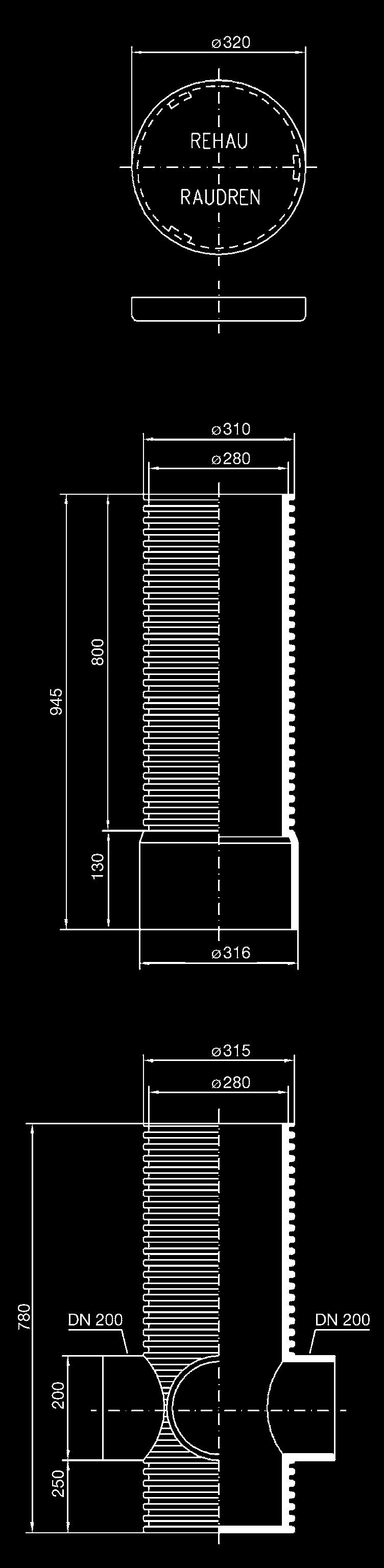 REHAU RAUDREN akna DN 315 Aknafedél (járható) Tisztító-, ellenôrzô- és gyûjtôakna PP alapanyagból, DN 315 névleges átmérôvel és 3 sima belsô falú DN 200 90 leágazással.