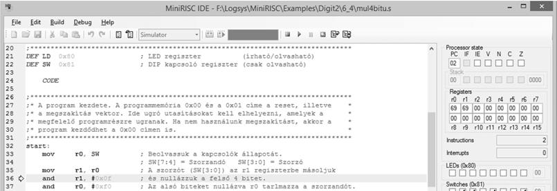 MiniRISC kódgenerálás az assemblerrel A generált memória tárgykód fájlok: kódfájl: code.hex 256 db 16 bites utasításkód kódfájl: data.